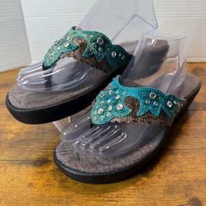 DURANGO Turquoise Rhinestone Embellished Wedge Sandals Size 9 Western Bling Boho
